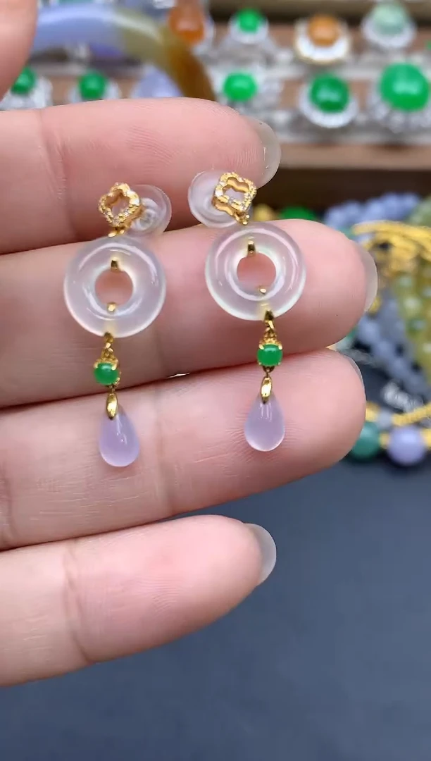 翡翠18K金镶嵌耳饰463-春日珠宝