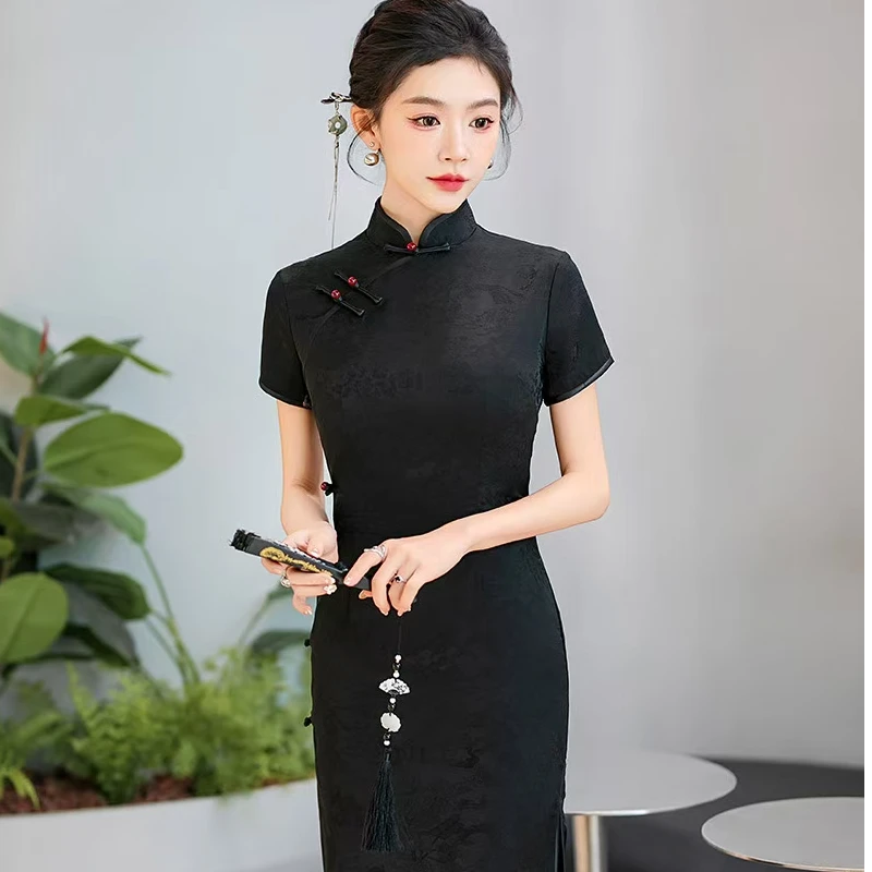 黑色中式旗袍女气质2025春夏季复古年轻新款改良日常连衣裙民国风