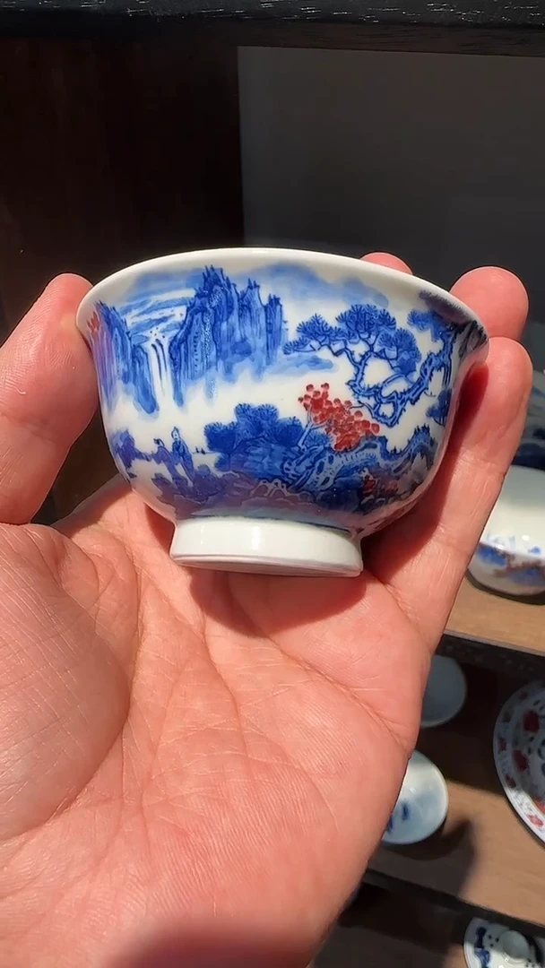 【初谨】青花釉里红山水压手杯-内膜印1