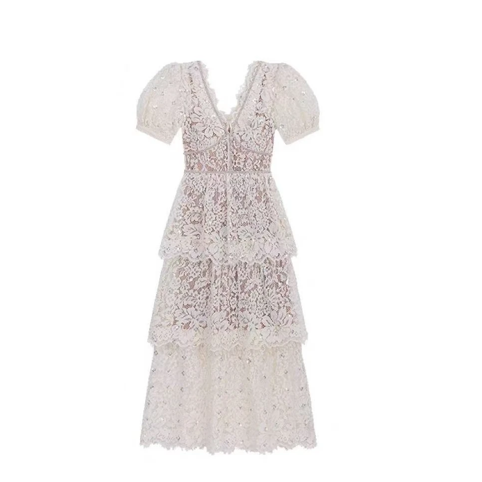 荔枝 S家夏季新款法式优雅显瘦蕾丝短袖连衣裙