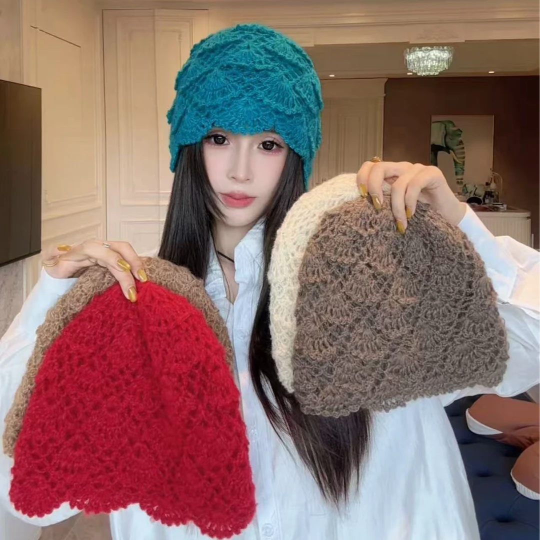 贝壳款双层手工钩花套头帽子女秋冬日系百搭保暖针织毛线帽包头帽