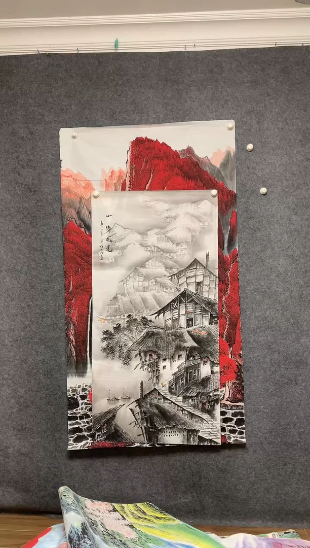 国画山乡风光画作尺寸136*68