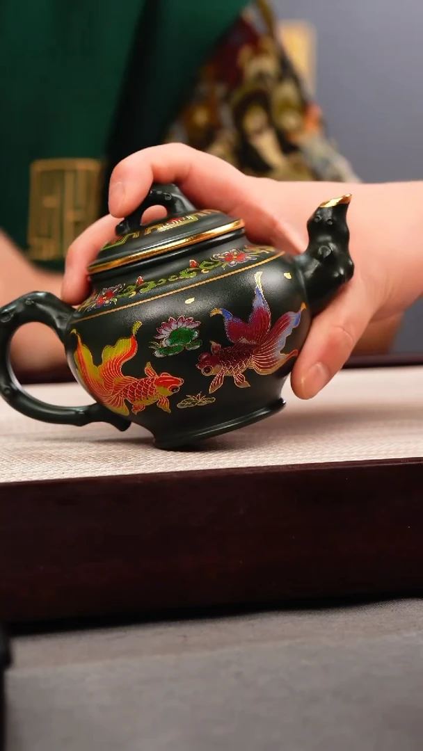 茶壶紫砂绿泥 报春 锦鲤珐琅彩