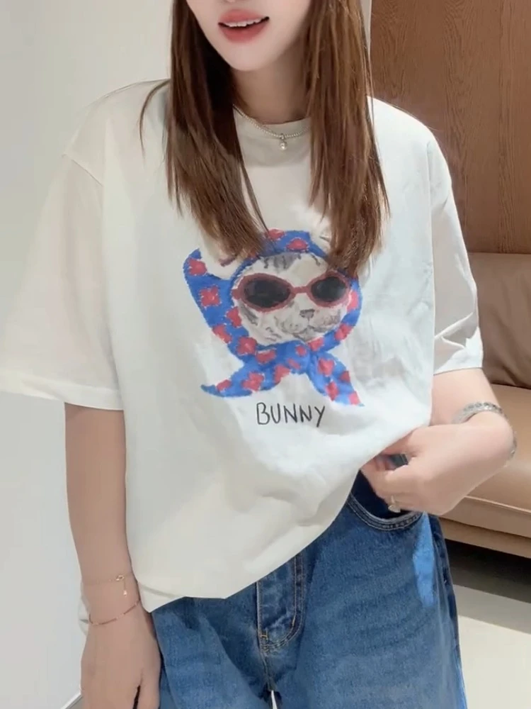 小个子独特漂亮上衣夏季设计感小众轻熟围巾小猫印花白色短袖t恤