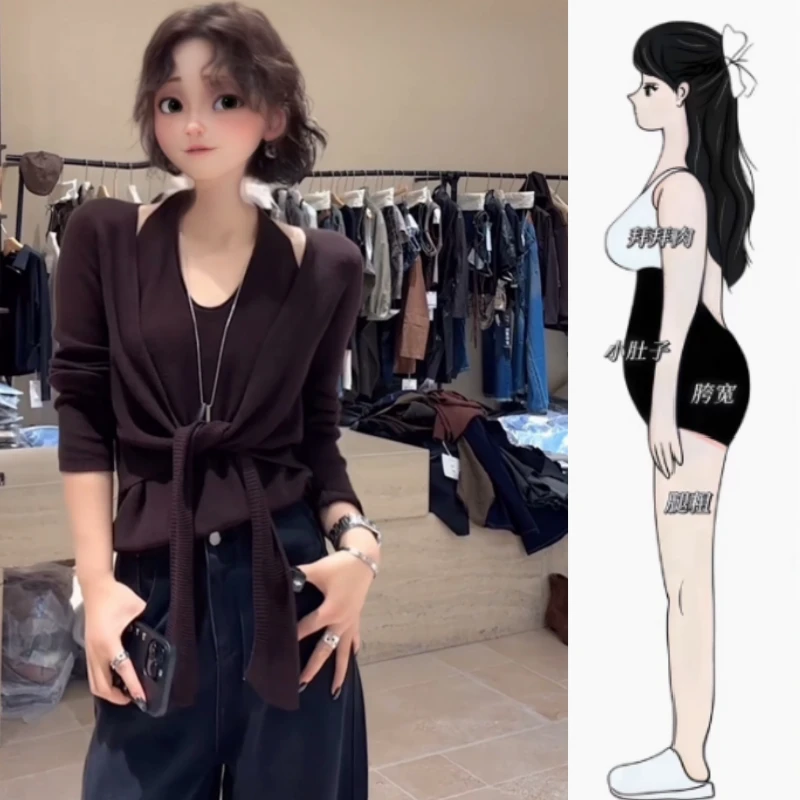 女秋季新款透气显瘦遮肉长袖上衣设计感休闲百搭挂脖假两件针织衫