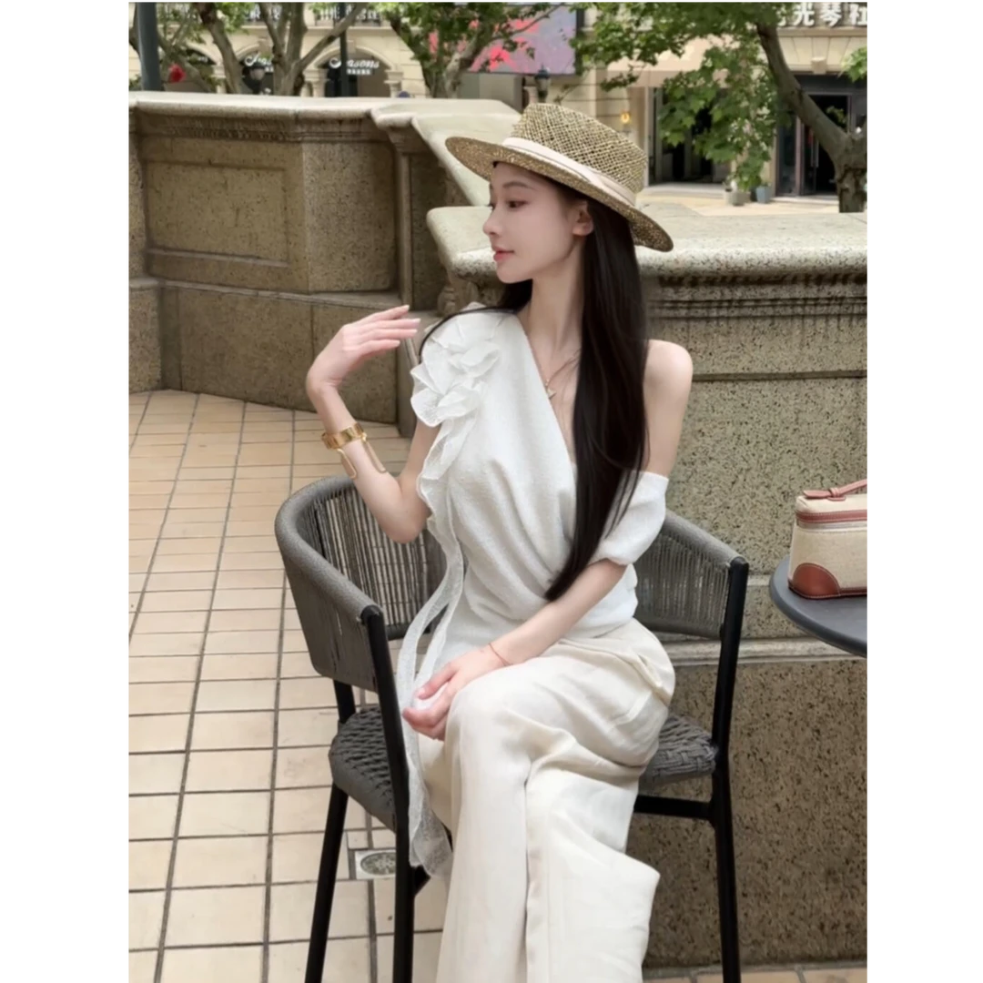 法式设计感荷叶边飘带一字肩背飘带仙女上衣女高腰宽松休闲裤套装