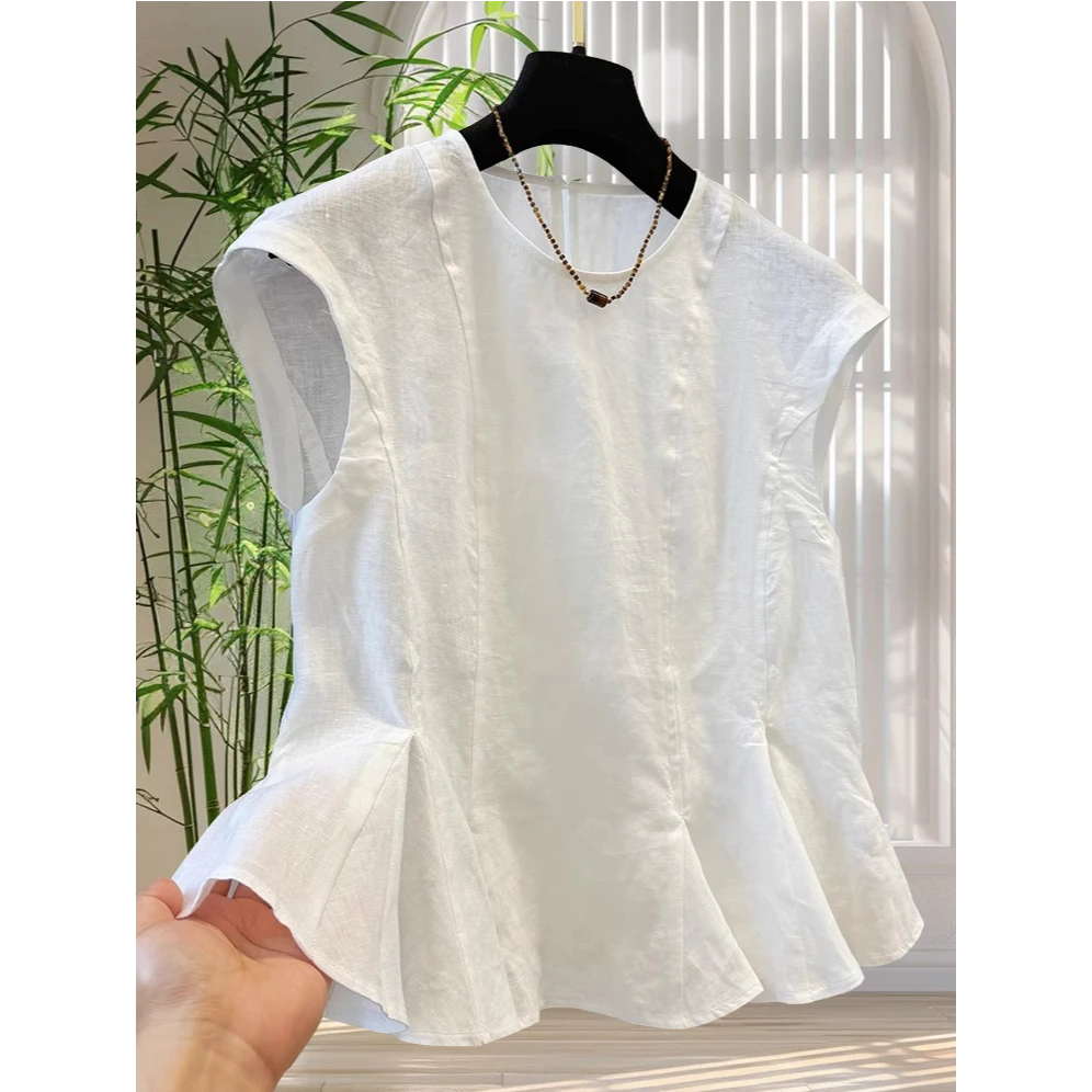 法式气质荷叶边下摆无袖衬衫女2025新款夏季漂亮小衫收腰显瘦上衣