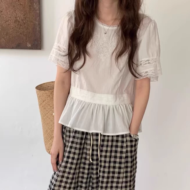 法式重工刺绣蕾丝甜美短袖衬衫时尚百搭女上衣