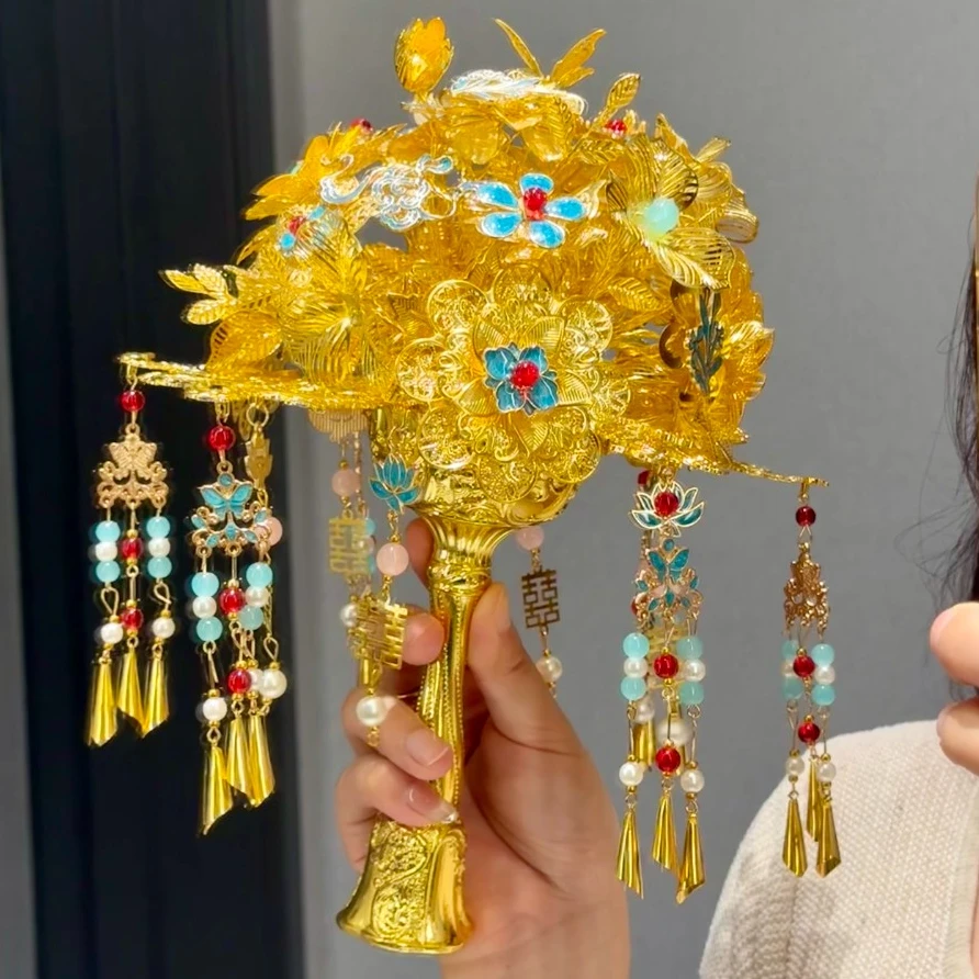 蓝金色手捧花手工diy材料包花束成品中式新娘闺蜜结婚礼物秀禾