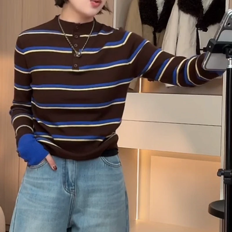 新款条纹撞色长袖静奢风针织毛针织衫打底衫毛衣LK2507917