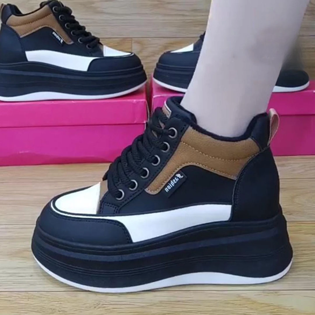 内增高女单鞋2025秋冬新款松糕底小个子女鞋高帮加绒休闲运动板鞋