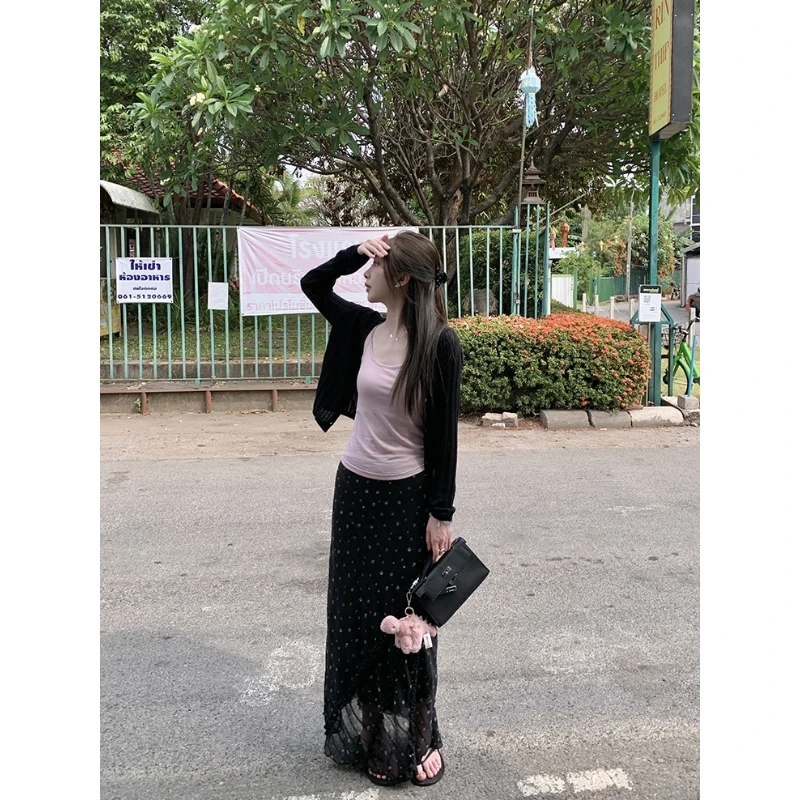 小碎花显瘦修身木耳边半身裙女夏季新款高腰长袖开叉小鱼尾斜裁松