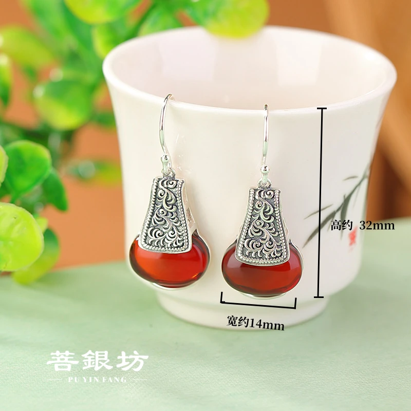 【菩银坊】S925银唐草纹血珀耳环，古典雅致