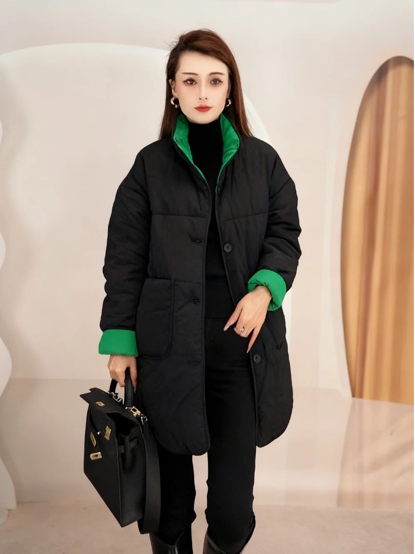 2025正反两面立领棉服女秋冬新款撞色设计宽松休闲中长款保暖棉衣