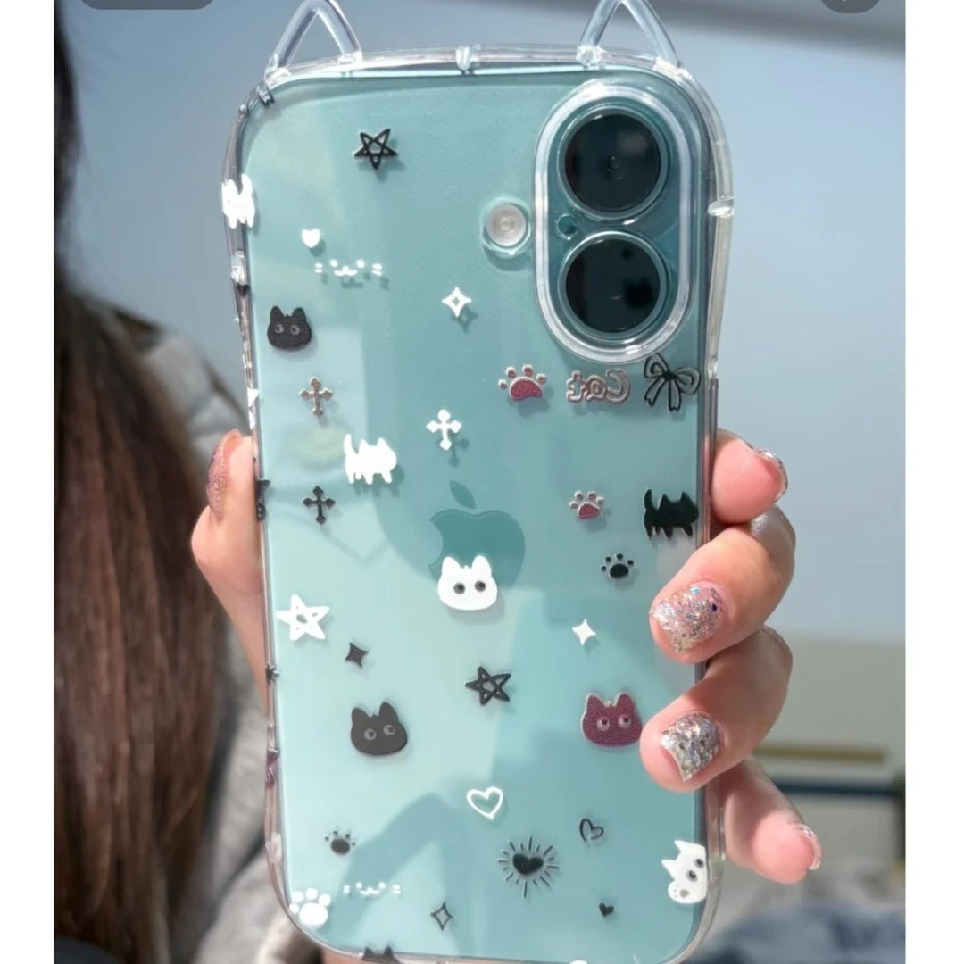 ins黑白小猫咪适用苹果16pro手机壳iPhone15小蛮腰14/13软猫耳朵