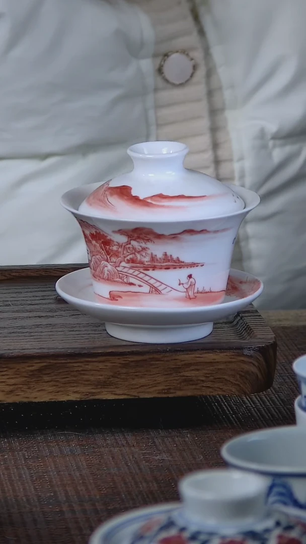 【闪购商品】折葵非器手工手绘帆红山水三才马蹄盖碗