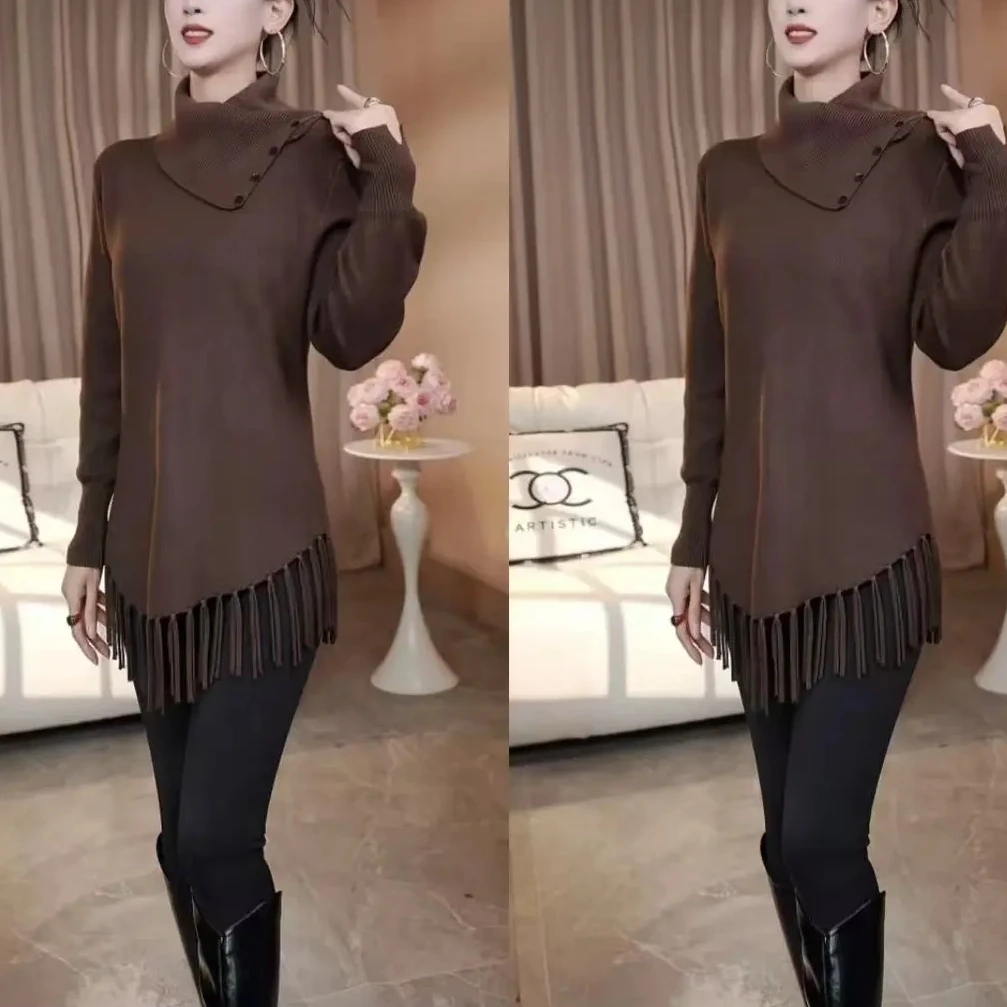 2025秋冬季中长款气质流苏加厚针织毛衣中老年妈妈装高领保暖韩版