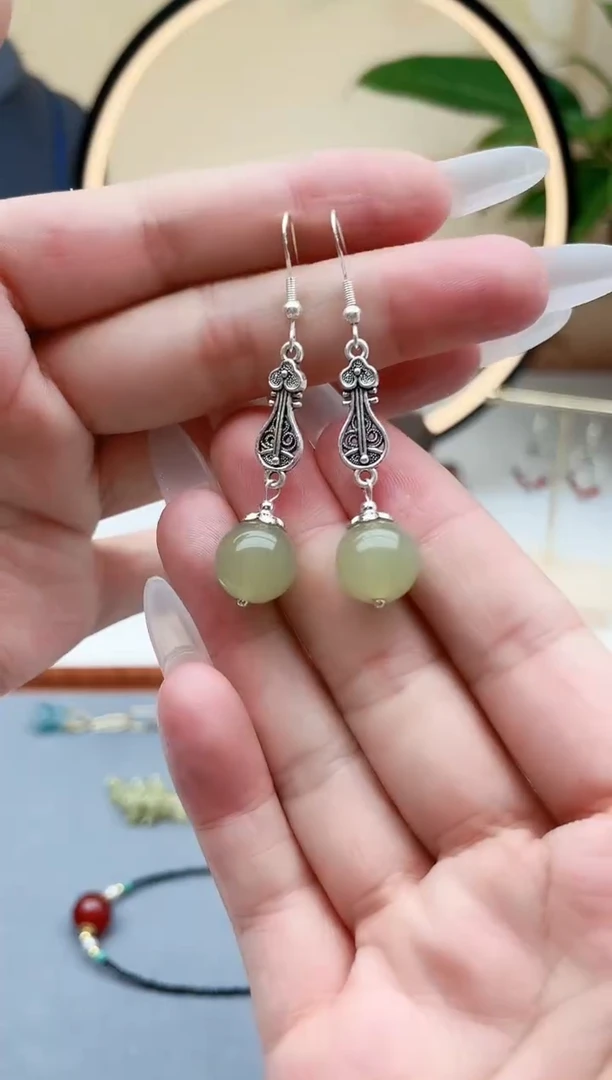 东陵石银S925镶嵌耳饰6233