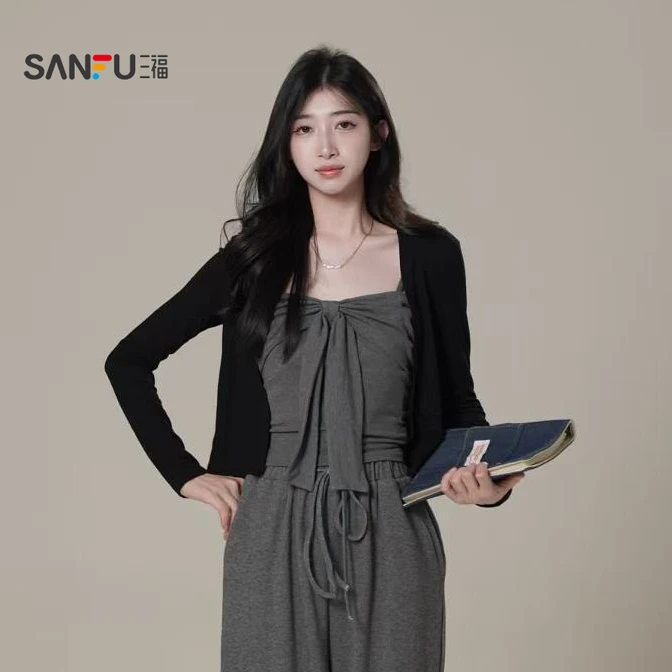 三福 秋季显瘦气质长袖法式蝴蝶结开衫+吊带套装 513197