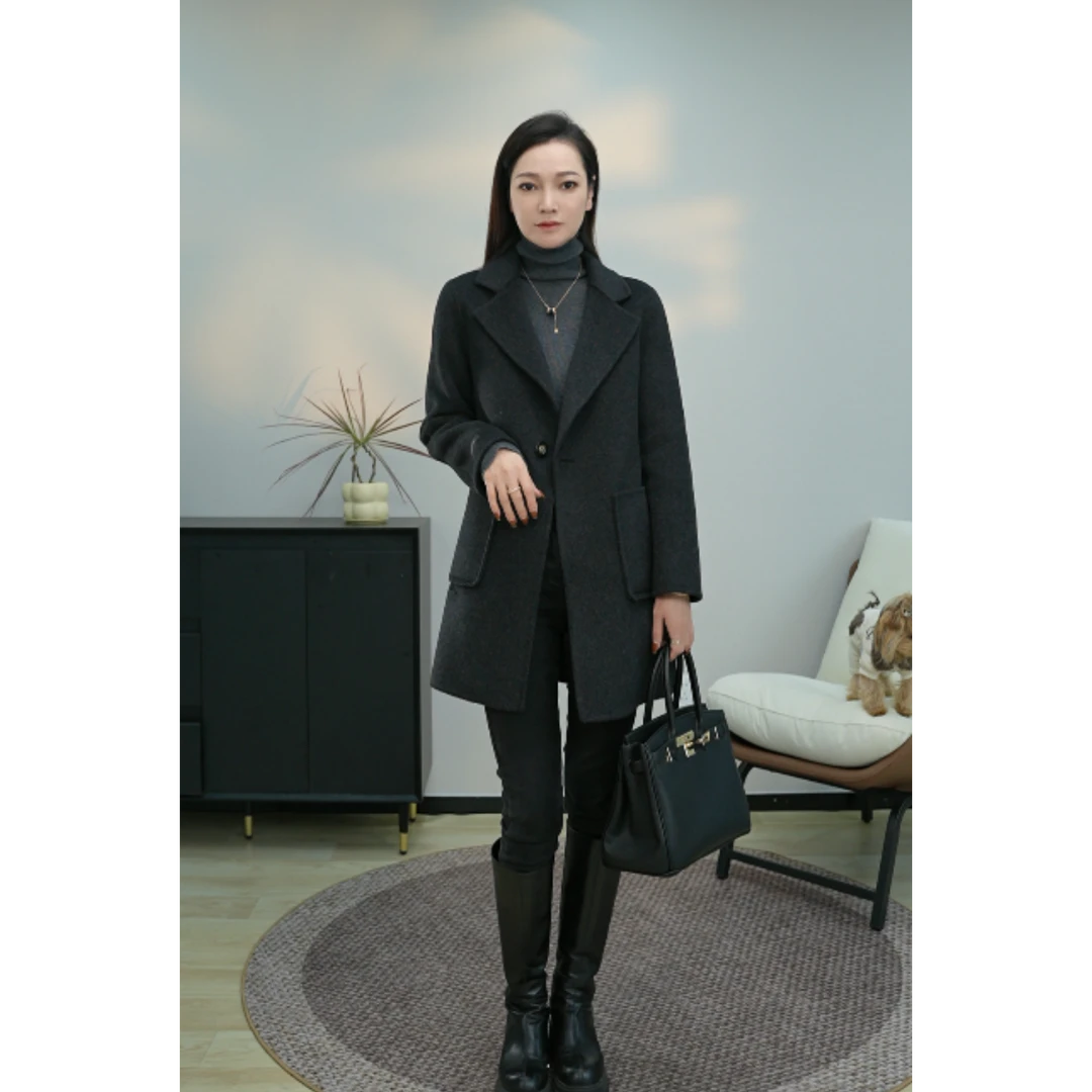 【山羊绒+羊毛+莱赛尔】女士西装领时尚气质中长款百搭品质大衣外套