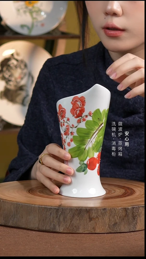 瓷景德镇高温手绘釉下彩筷子筒芭蕉樱桃桃花