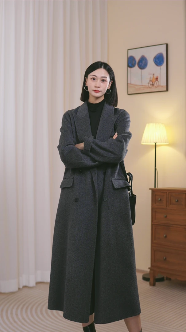 219062秋冬季长款女毛呢外套时尚气质绵羊毛廓形大衣女