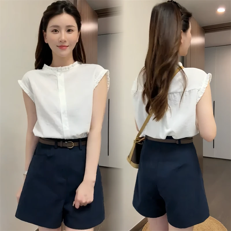 时尚休闲木耳边立领无袖衬衫女洋气百搭宽松显瘦小飞袖衬衣女夏季