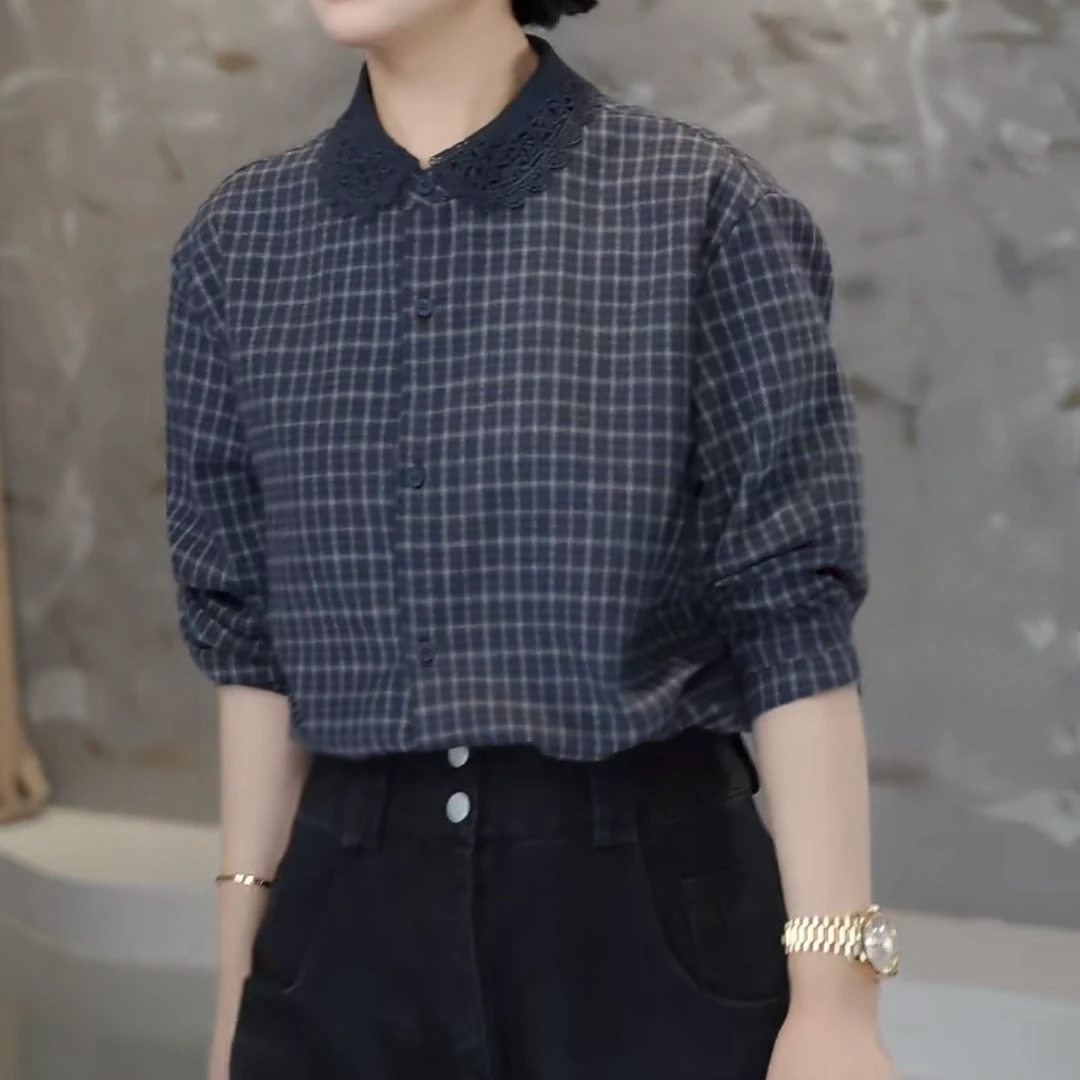 【加厚加绒】2025秋冬新款小众设计感极简百搭镂空翻领格纹长袖衬衫