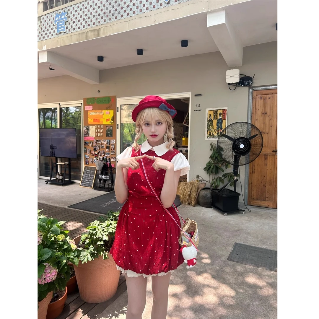 【凯蒂甜心】夏日新款假两件收腰短款红色泡芙连衣裙套装