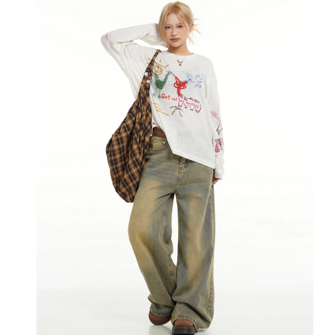 特大码女装美式复古水洗高腰直筒牛仔裤女2025秋季复古宽松长裤潮