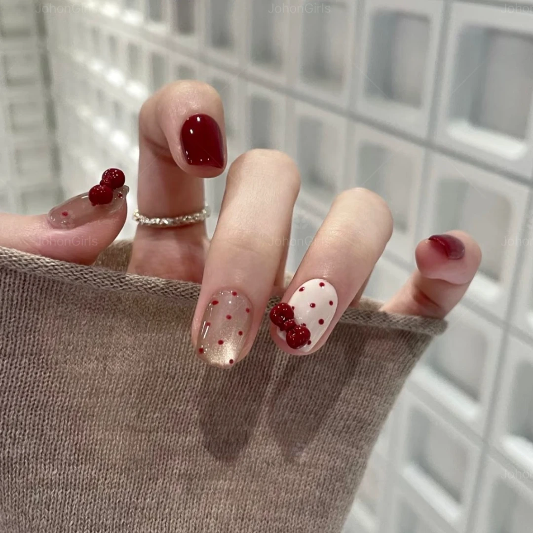 JohonGirls'/琴岛小嫚【KT喵喵】波点蝴蝶结短款高级美甲手工穿戴甲