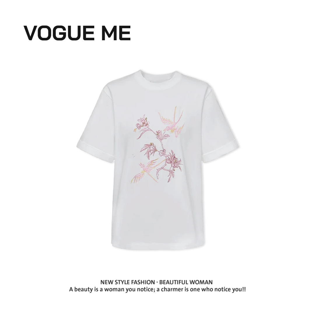 【雅】夏季新款舒适花朵刺绣长绒棉圆领短袖T恤上衣女-EP5333