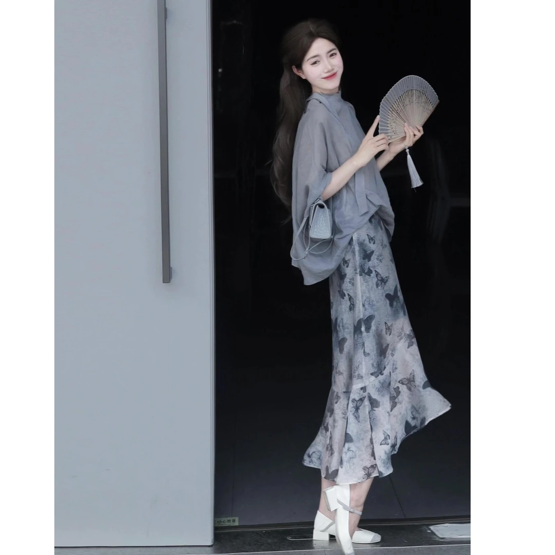 2025夏季女法式简约禅意风半身裙褶皱设计感防晒衬衫微透音乐节