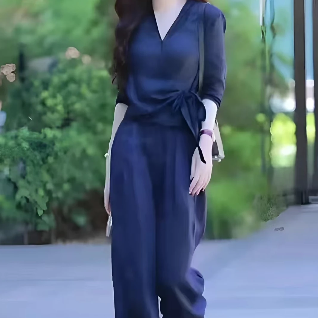 夏秋时尚气质大V领两件套宽松显瘦系带女士套装设计师薄款透气