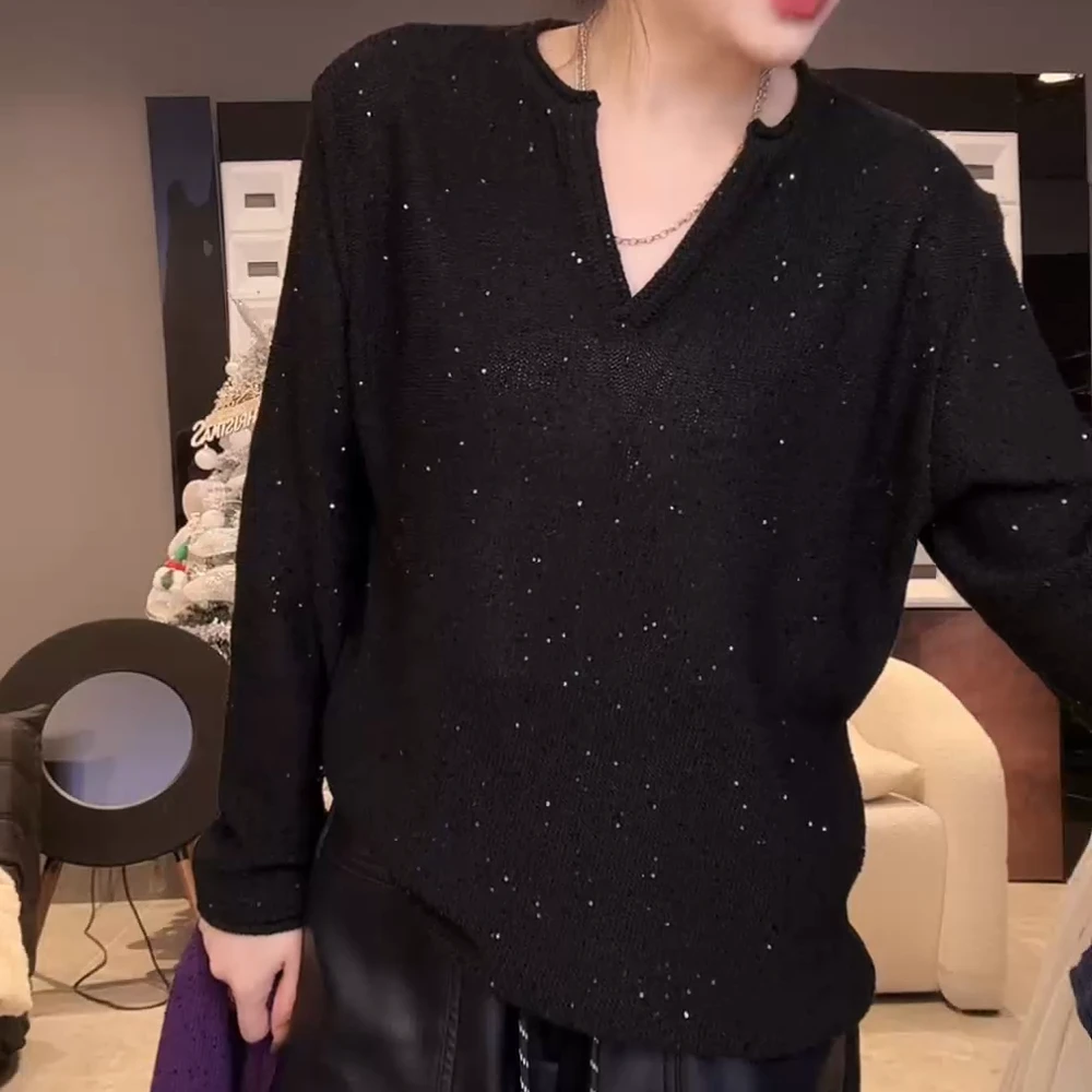 2025春装新款休闲百搭慵懒风上衣繁星点点毛衣针织衫黑色上衣