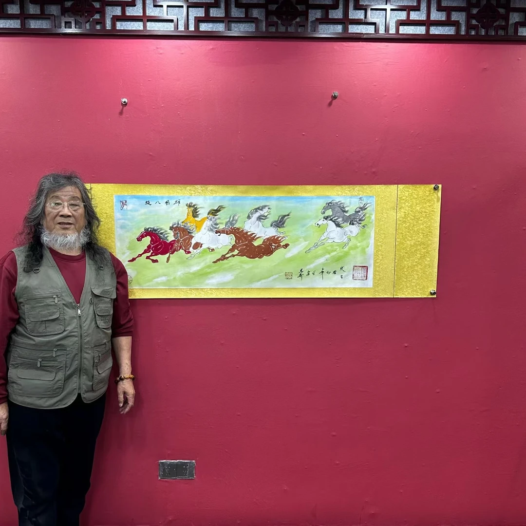 王志武 《盛世八骏》六尺对开 丝绸 210*50cm-古墨堂