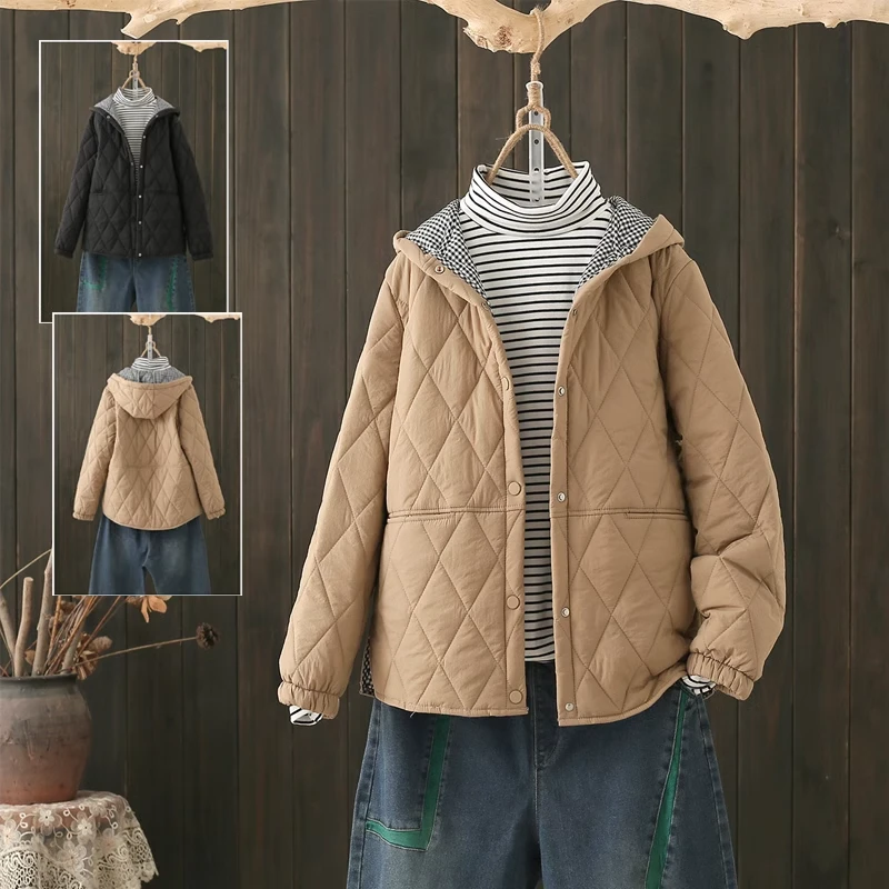 2025秋冬200斤长袖棉服女宽松显瘦菱格洋气黑色连帽加厚保暖外套