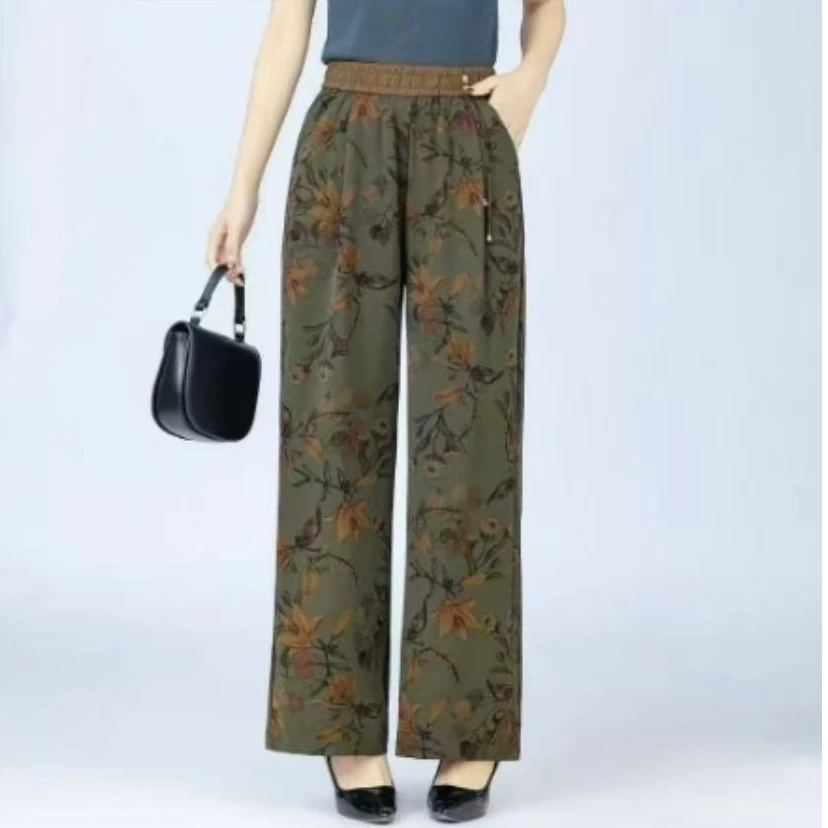 薄款印花长裤2025年夏季微弹力女裤阔腿裤中腰夏款显瘦休闲裤