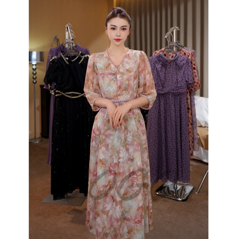 陌上花开 G6120气质时尚连衣裙女装2025新款夏季V领减龄显瘦a字裙