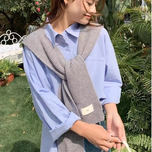 韩版秋冬季纯色针织披肩外搭装饰蓝色围巾打结围巾坎肩披肩