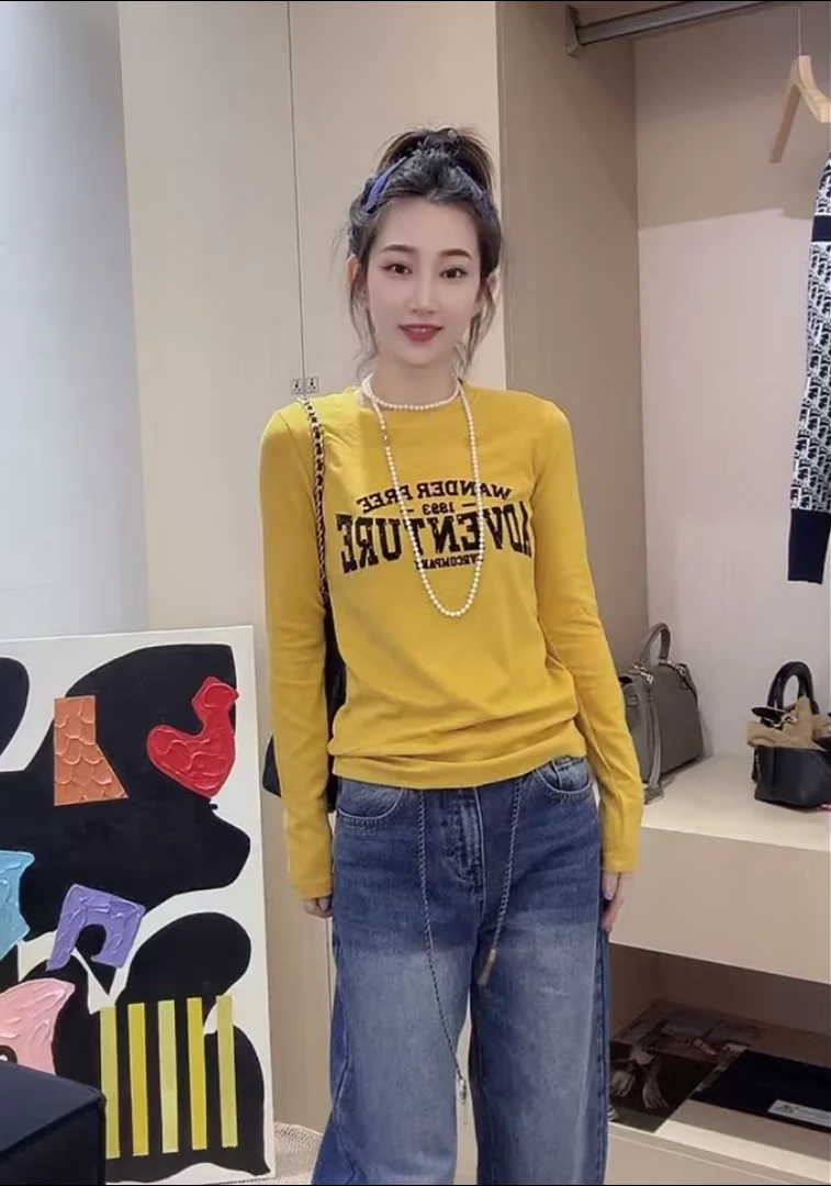 秋季2025新款复古印花打底长袖字母T恤女韩版修身ins显瘦修身上衣