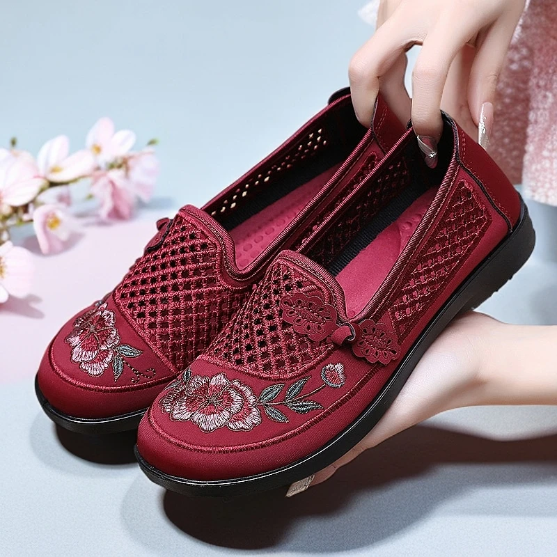 老北京布鞋夏季女网鞋镂空网面绣花透气软底妈妈鞋防滑老人休闲鞋