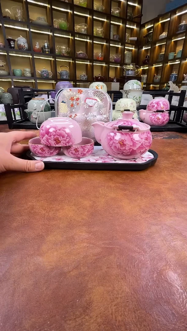 瓷片新款粉色牡丹宝瓶+长方粉色花朵盘