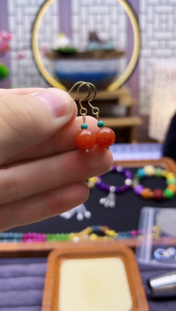 南红玛瑙14K金镶嵌耳饰E228