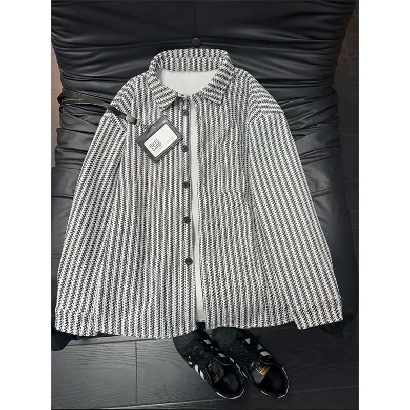 雪尼尔条纹加绒衬衫高级感鱼骨纹男款加厚长袖复古痞帅翻领衬衣