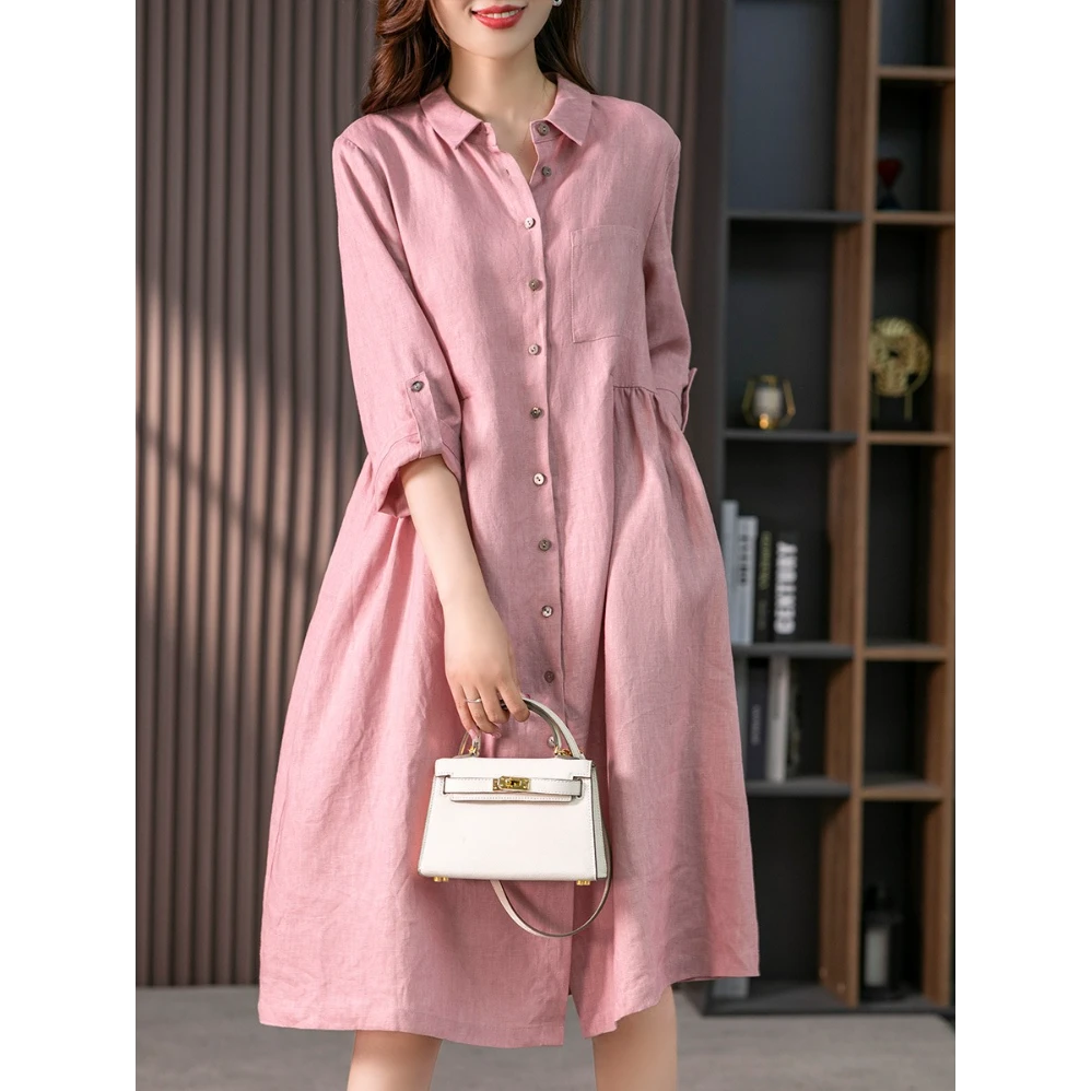原形2025夏季优雅法式亚麻衬衫裙女设计感小众显瘦连衣裙U87034