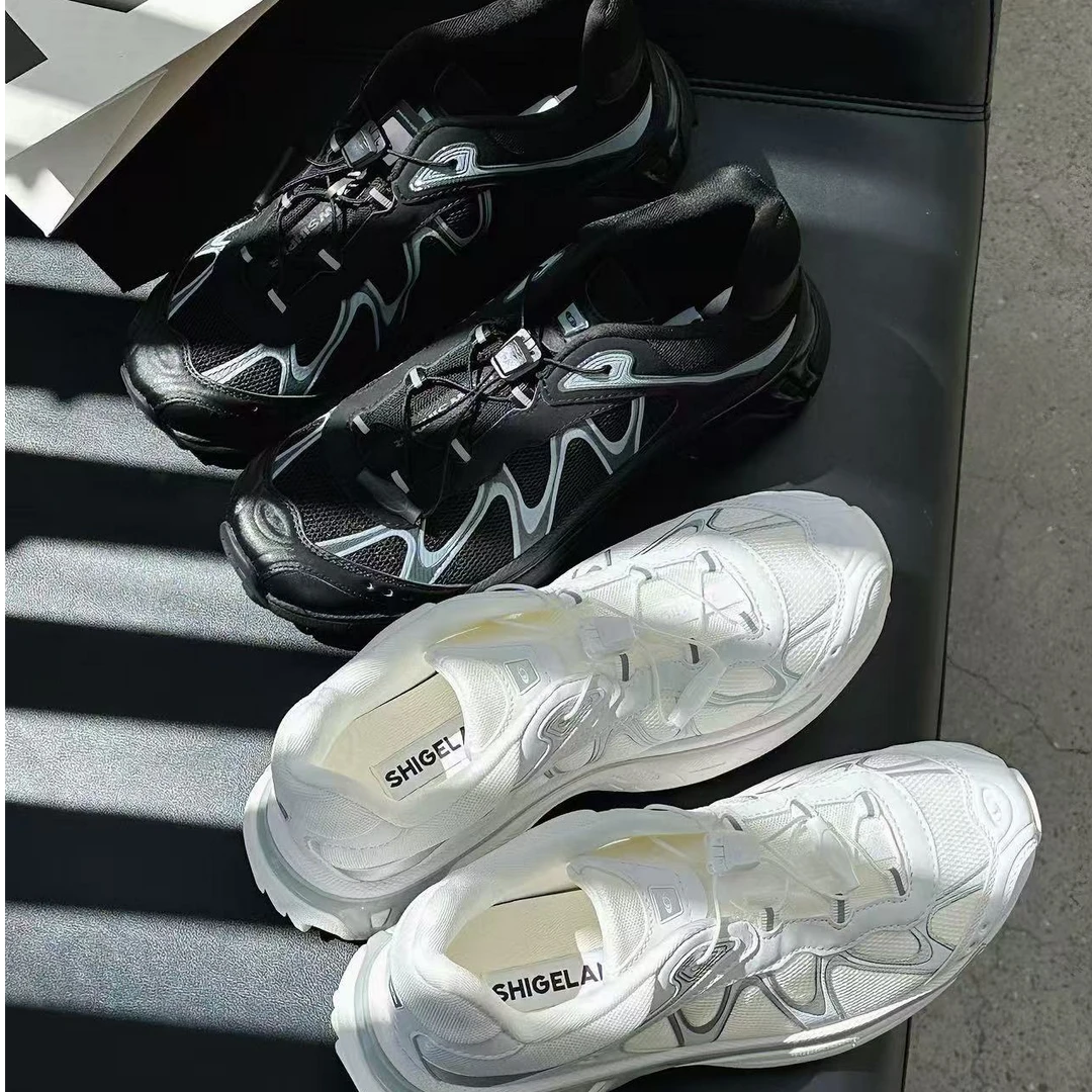 诗歌兰真皮女鞋2025秋款百搭轻便厚底增高网面透气休闲运动老爹鞋