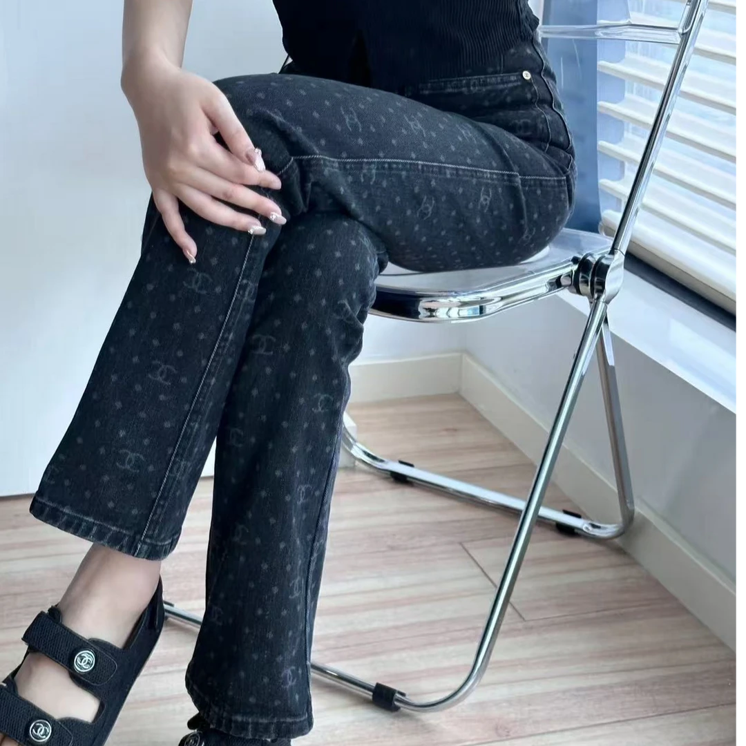 99新 Chanel/香奈儿 23P灰色波点满印双C牛仔裤36码 腰围70