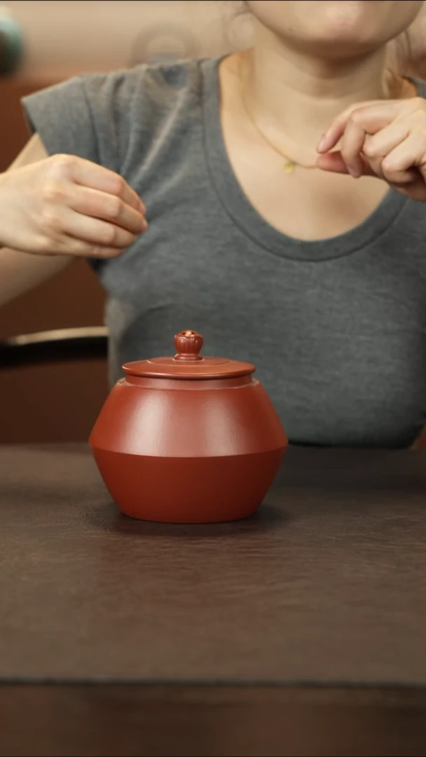 紫砂茶叶罐朱泥 线圆茶仓