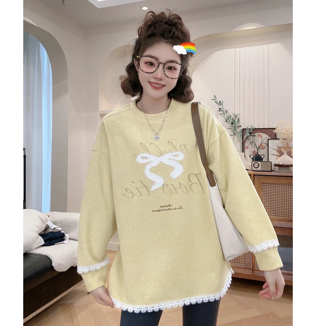 【飘带蝴蝶结】2025年春款宽松韩版蕾丝花边蝴蝶结卫衣圆领百搭